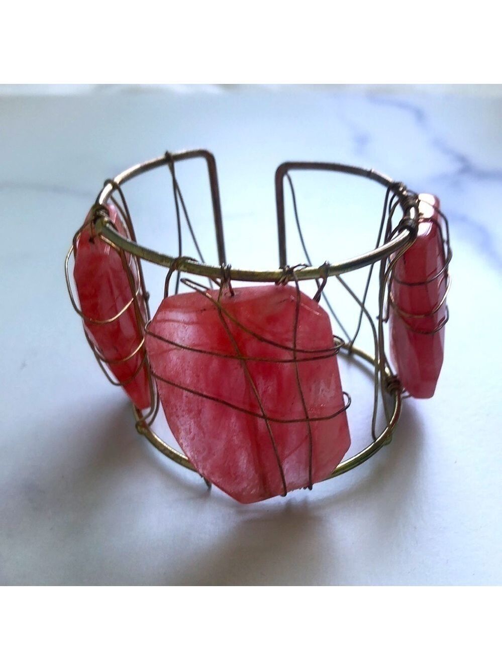 Rose Quartz Gold Tone Bangle Cuff Bracelet